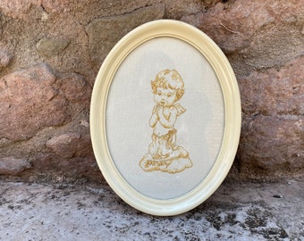 Vintage Cross Stitch Angel on Top of a Cloud Beautiful Cherub in White Frame