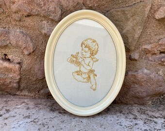 Vintage Cross Stitch Angel with Bird Beautiful Cherub in White Frame