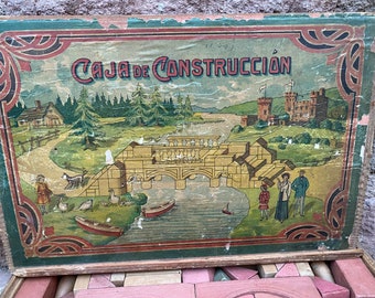 Antique Construction Game 146 Wooden Blocks Vintage Toy Old Architecture Game