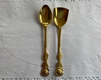 Vintage Rose Flower Spoons in Gold Tone Tea Spoon and Ice Cream Spoon Set of Two Kitchen Decor Food Photo Props