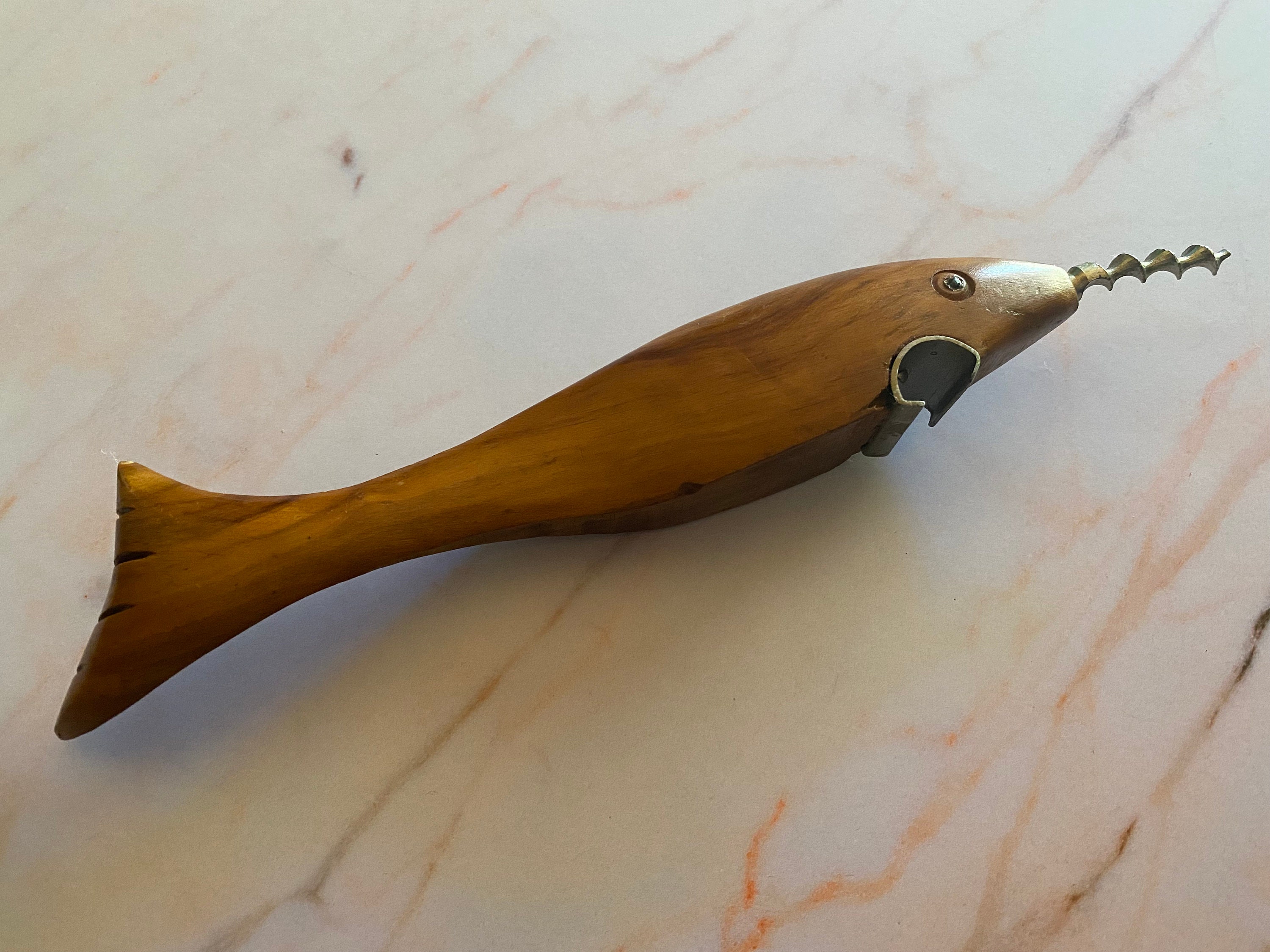 Vintage Wood Bottle Opener and Corkscrew Shaped as a Fish Food