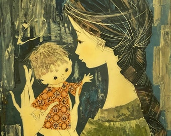 Mother and Child Vintage Lacquered Picture on Wood Board Wall Decor