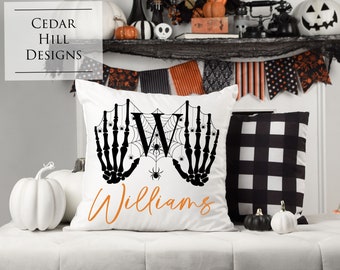 Personalized Halloween Throw Pillow Cover: Skeleton Monogram Decor