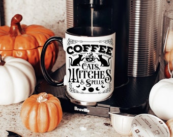 Coffee Cats Witches Spells Mug - Halloween 15oz Mug