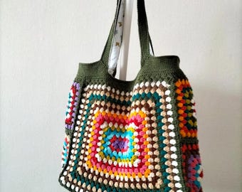 Crochet Granny Square Tote Bag, Boho Crochet Bag, Handmade Crochet Shoulder Bag, Colorful Crochet Tote