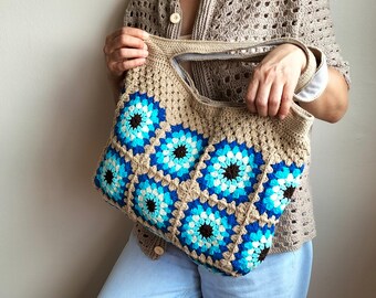 Blue Granny Square Crochet Tote Bag, Handmade Boho Shoulder Bag, Large Cotton Market Tote, Gift for Her, Everyday Crochet Purse
