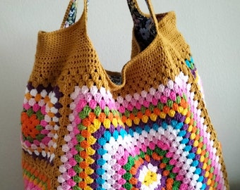 Boho Sunshine Granny Square Tote Bag – Handmade Crochet Shoulder Bag
