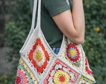 Bolso de mano cuadrado de ganchillo hecho a mano estilo abuela – Bolso de hombro – Bolso de verano