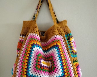 Sac bohème au crochet, sac coloré, sac fait main au crochet, sac à main au crochet, sac carré grand-mère, sac à bandoulière, sac fourre-tout au crochet