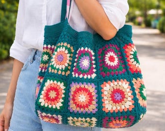 Bolso cuadrado de ganchillo hecho a mano estilo abuela, bolso de verano de ganchillo, bolso de hombro de ganchillo, color personalizado disponible.