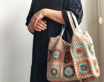 Bolso de mano de ganchillo, bolso cuadrado de la abuela, bolso de punto colorido, bolso de hombro forrado de algodón, bolso de playa Daisy, bolso afgano, bolsas de regalo para mujeres