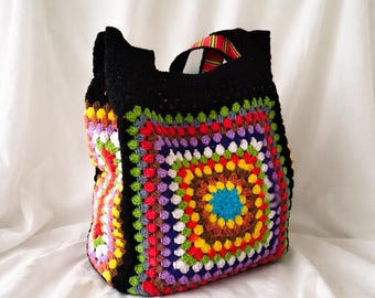 Bolso tote Grandma Square de crochet en color negro, bolso de hombro forrado