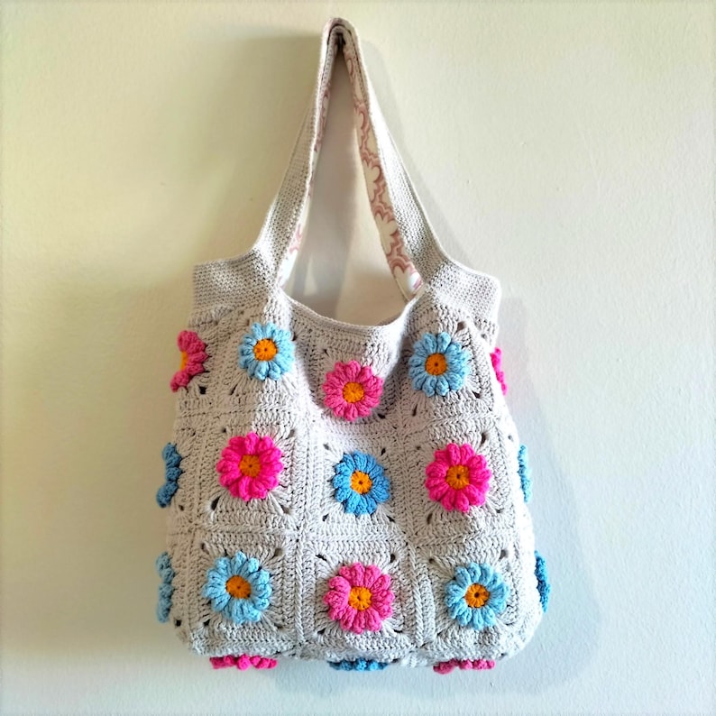 Crocheted floral shoulder bag, handmade knitted summer bag, linen lined. image 1