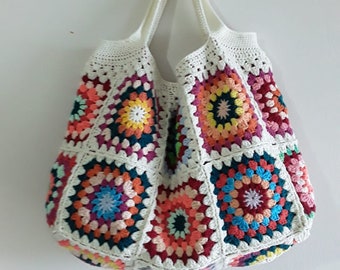Granny Square Bag, Crochet Handle Bag, Crochet Bag, Shoulder Tote Bag, Handbags for Woman