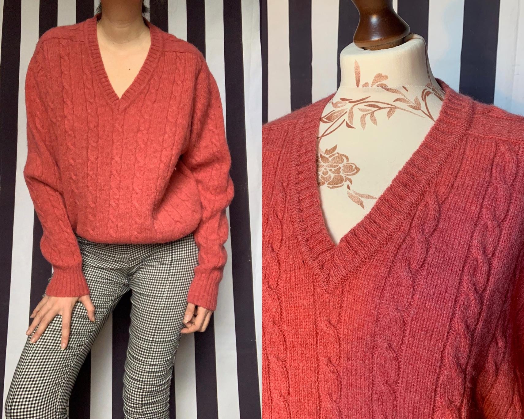 Vintage 90s Pink 100 Wool V neck Knitted Jumper Retro Jimmy Free Coral Sweater Colourful Minimalist Knitwear Top UK18 20 Plus Size Etsy