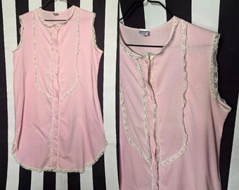 Vintage 60s Pink Cotton Night Shirt Top with White Lace & Bow, Retro Sleeveless Nightie, Summer Rockabilly Pyjamas Night Dress, UK12/14