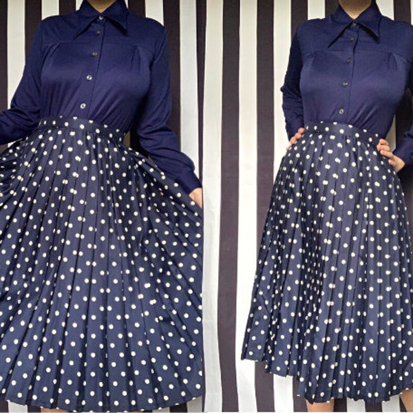 Vintage 80s navy pleated midi skirt with white polka dots, retro 50s swing rockability high-waisted skirt, smart office look, UK14/16