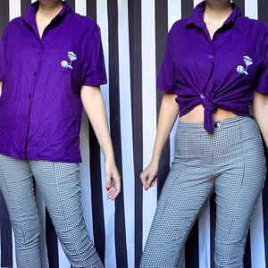 Vintage 80s purple linen short sleeves shirt, retro unisex 90s top blouse, holiday beach party look, quirky details, UK14/16 Xlarge