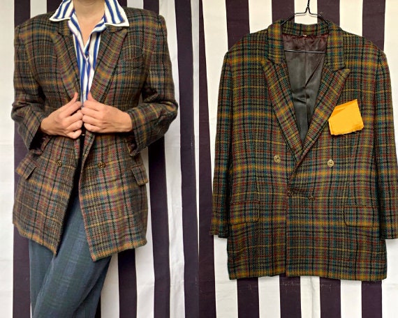 Vintage tweed plaid multicoloured wool jacket wit… - image 1