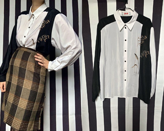 Vintage 80s Satin Black and White Blouse With Shoulder Pads