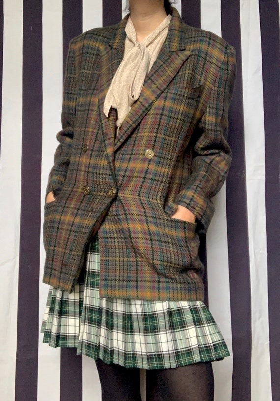 Vintage tweed plaid multicoloured wool jacket wit… - image 4