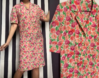 Vintage 70s Pink Floral Midi Shirt Dress with Short Sleeves, Retro Rockabilly Collared Summer Dress, Flower Sun Dress, Uk18/20 Plus size