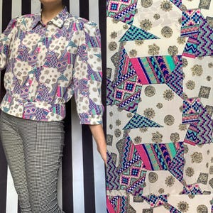 Vintage 80s Purple Pink Groovy Print Blouse With Shoulder Pads, Retro Smart Office Shirt, Colourful Tops with 3/4 sleeves,  XLarge UK14/16