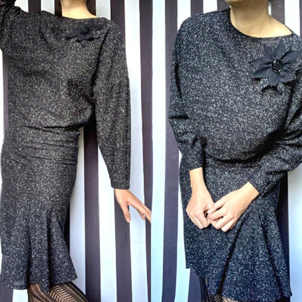 Vintage 80s disco black midi cocktail dress with glitter, retro party evening dress with stretchy batwing sleeves, Festive outfit, Uk14-16