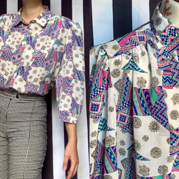 Vintage 80er Jahre Lila Rosa Groovy Print Bluse mit Schulterpolstern, Retro Smart Office Hemd, Bunte Tops mit 3/4 Ärmeln, XLarge UK 4 / 16