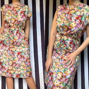 Vintage 80s Multicoloured Floral Dress: Belted Mini with Pockets, UK14