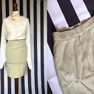Vintage 80s mini tweed skirt, Pencil, High waisted, White Green,Small Uk 6/8