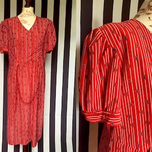 Vintage 80s summer red midi shirt dress with stripes and short puff sleeves, Retro long wrap dress with polka dots & v-neck, UK12 Large