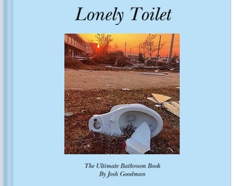 Peut inclure: Une cuvette de toilette blanche se trouve sur le sol dans un champ de débris. Les toilettes sont cassées et la cuvette est fissurée. L'arrière-plan montre un coucher de soleil sur un quartier détruit. Le texte "Lonely Toilet" est en haut de l'image et "The Ultimate Bathroom Book By Josh Goodman" est en bas.
