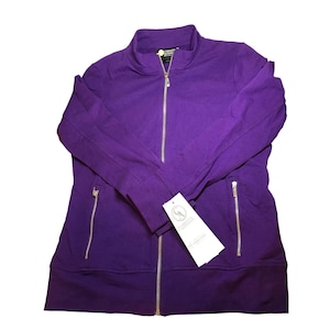 May include: A purple zip-up jacket with a stand-up collar and two zippered pockets on the sides. The jacket has a silver zipper and a small tag with the text "Seventh Avenue" on the front.