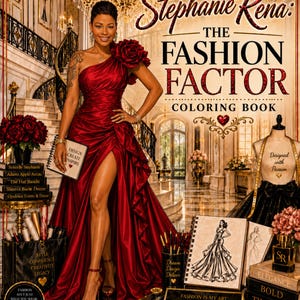 May include: A coloring book titled Stephanie Rena: The Fashion Factor featuring a cover illustration of a person in a deep red one-shoulder gown with a large floral shoulder accent, standing in a grand foyer with a staircase and chandelier.