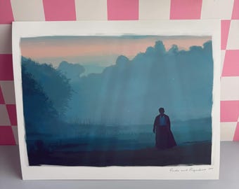 May include: A rectangular art print featuring a digital illustration of a lone figure standing in a misty, blue-toned landscape at dawn. The scene depicts trees and a soft horizon. The text "Pride and Prejudice" is written in the bottom right corner.