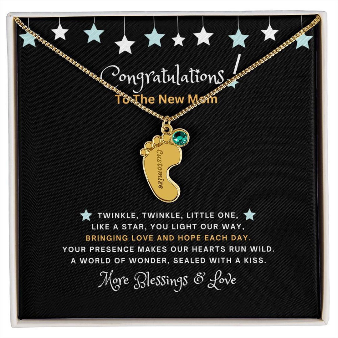 New Mom Footprint Birthstone Necklace Engraved Baby Feet With Etsy