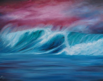 Red Sky Sea Canvas Oil Painting | Handmade Blue Sea Landscape | Abstract White Wave Painting | Living Room Decor