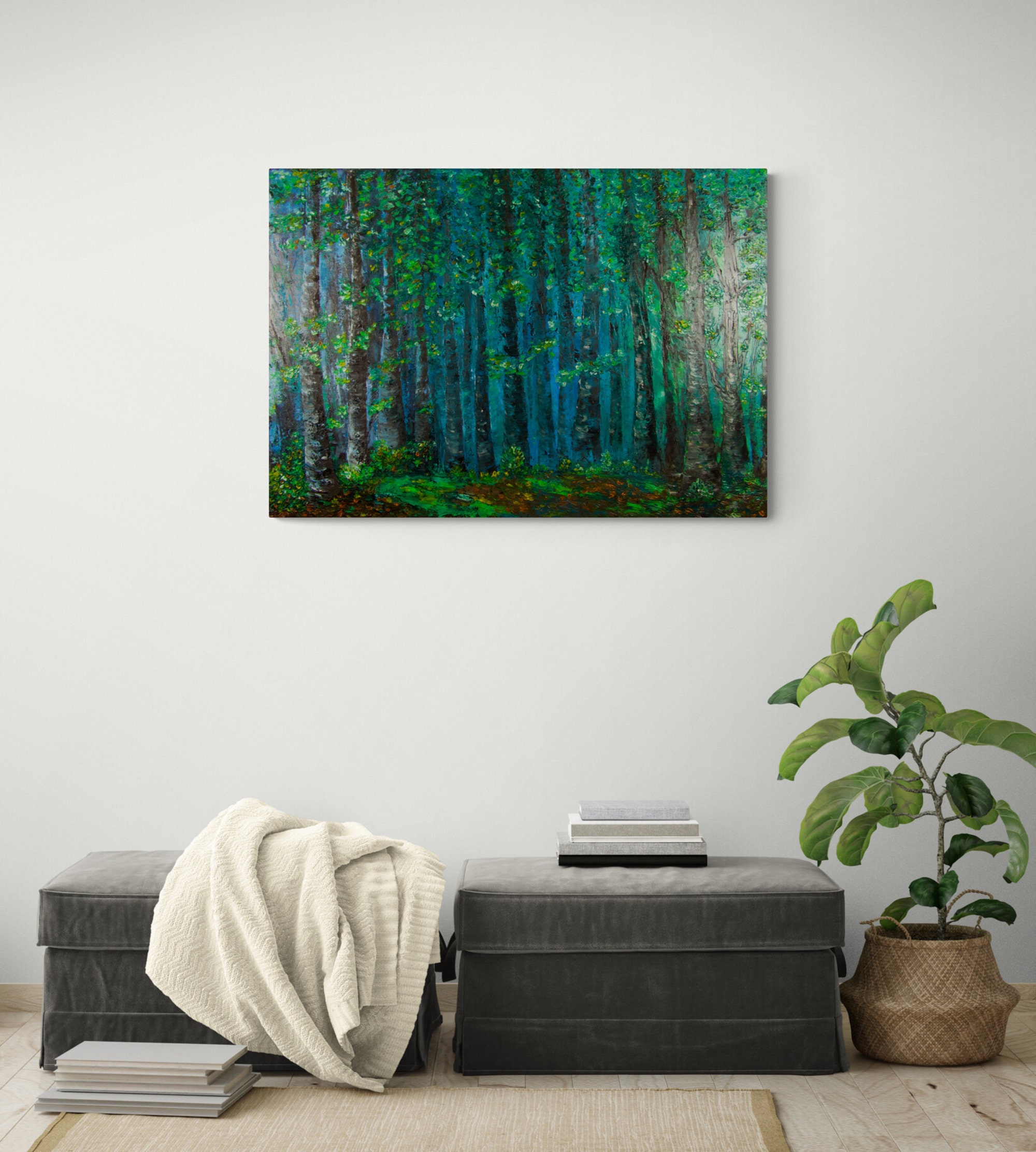 Green Forest Oil Painting Deep in the Woods Original Art Paint Abstract