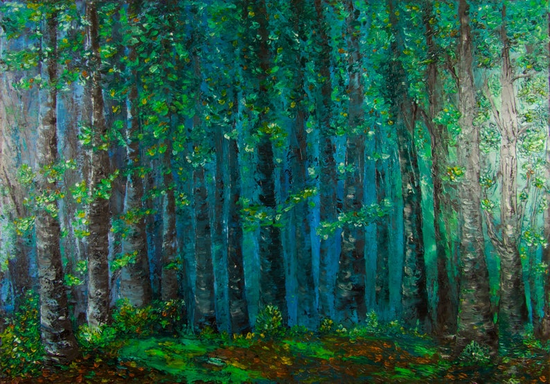 Green Forest Oil Painting Deep in the Woods Original Art Paint Abstract