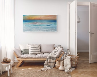 Ocean Sunrise large original oil painting | Beach, coastal painting | Original painting | Wall art blue abstract art canvas sky