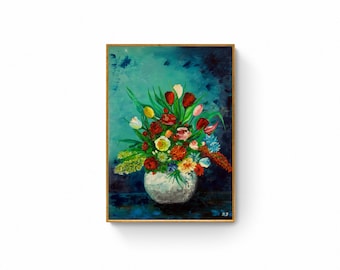 Peinture à l'huile de fleurs | Vase avec peinture originale de fleurs | Art déco murale nature morte