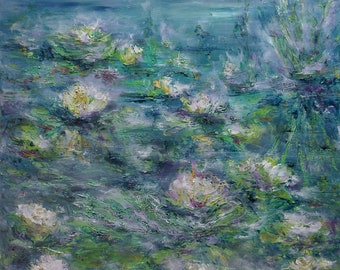 | de peinture du matin des nénuphars Claude Monet Style | Huile Original Impressionniste Art | Décoration murale Cottagecore