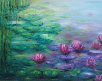Water Lilies Painting Original Art | Pond Art Lotus Artwork Oil Painting Water lily Wall Art 70" by 50" Monet Style
