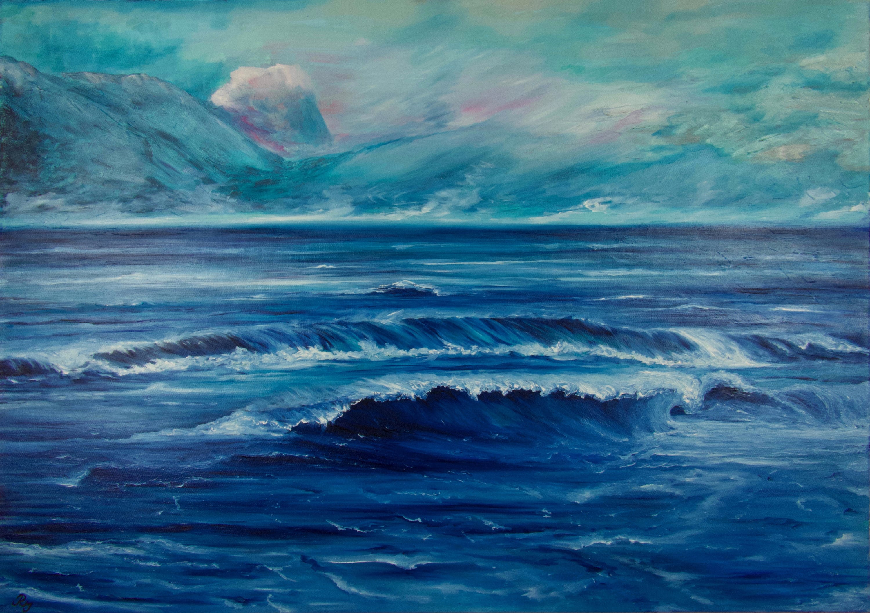 Astratta Oceano Paesaggio Marino Pittura A Olio Su Tela Alba Nube Paesaggio  Coltello Pittura Spiaggia Costiera, image size:3000x2115
