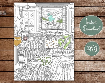 Hygge Coloring Page | Cozy Home Interior Design Boho and Nordic | Living Room | Coloring Book for Adults | Printable Instant Download