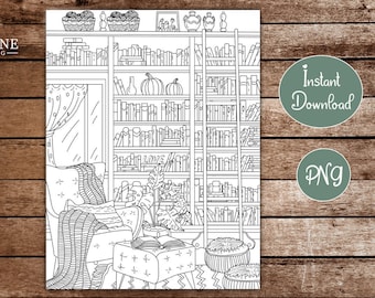 Hygge Coloring Page | Cozy Home Interior Design Boho and Nordic | Books Library | Coloring Book for Adults | Printable Instant Download