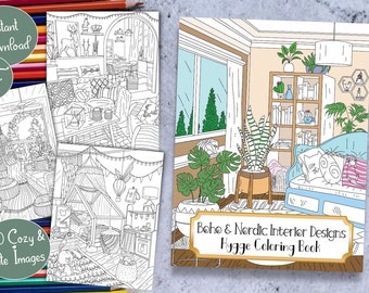 Hygge Coloring Book for Adults | Boho and Nordic Interior Designs | 30 Cozy Printable Coloring Pages for Relaxation | Instant Download