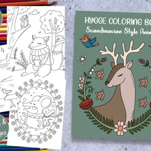 Hygge Coloring Book | Nordic Style Animals Coloring for Adults and Kids | 30 Cozy and Cute Printable Pages for Relaxation | Instant Download