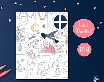 Halloween Coloring Page for Adults | Witches Tea Party | Magic Cauldron | Witchy Digital Printable | Fantasy Instant Download